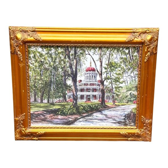 Gold Frame Longwood Mansion Art Print Southern Architectural Masterpiece Signed - Picture 1 of 14
